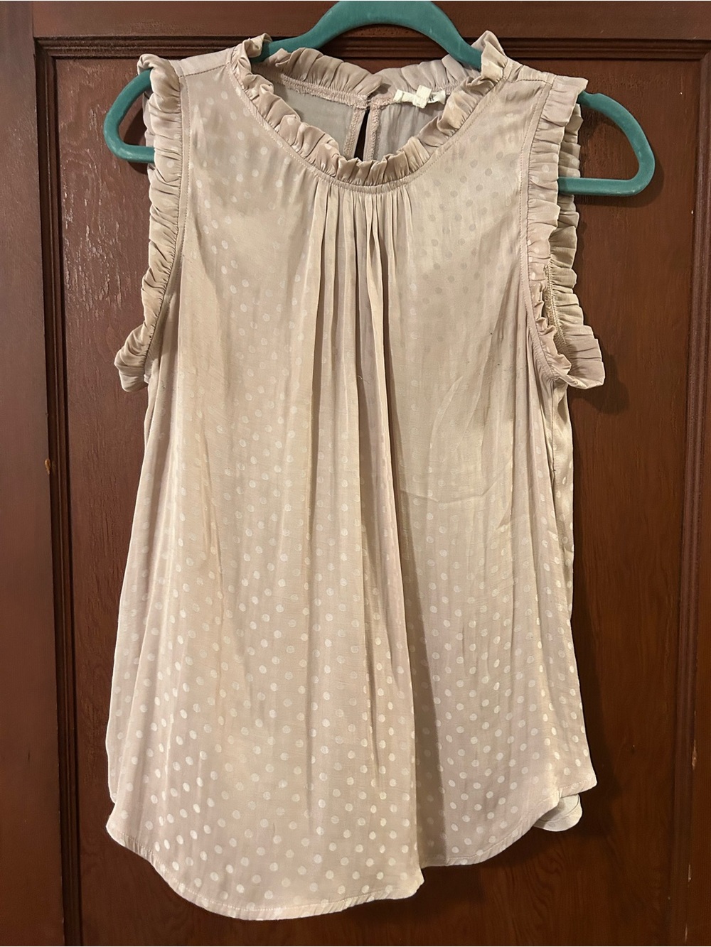 La Miel Beige Jacquard Polka Dot Ruffle Neck Sleeveless Blouse Top Large